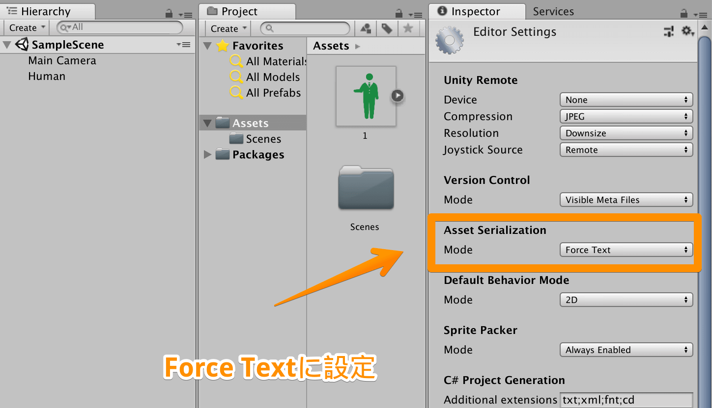 「Asset Serialization」を「Force Text」にする